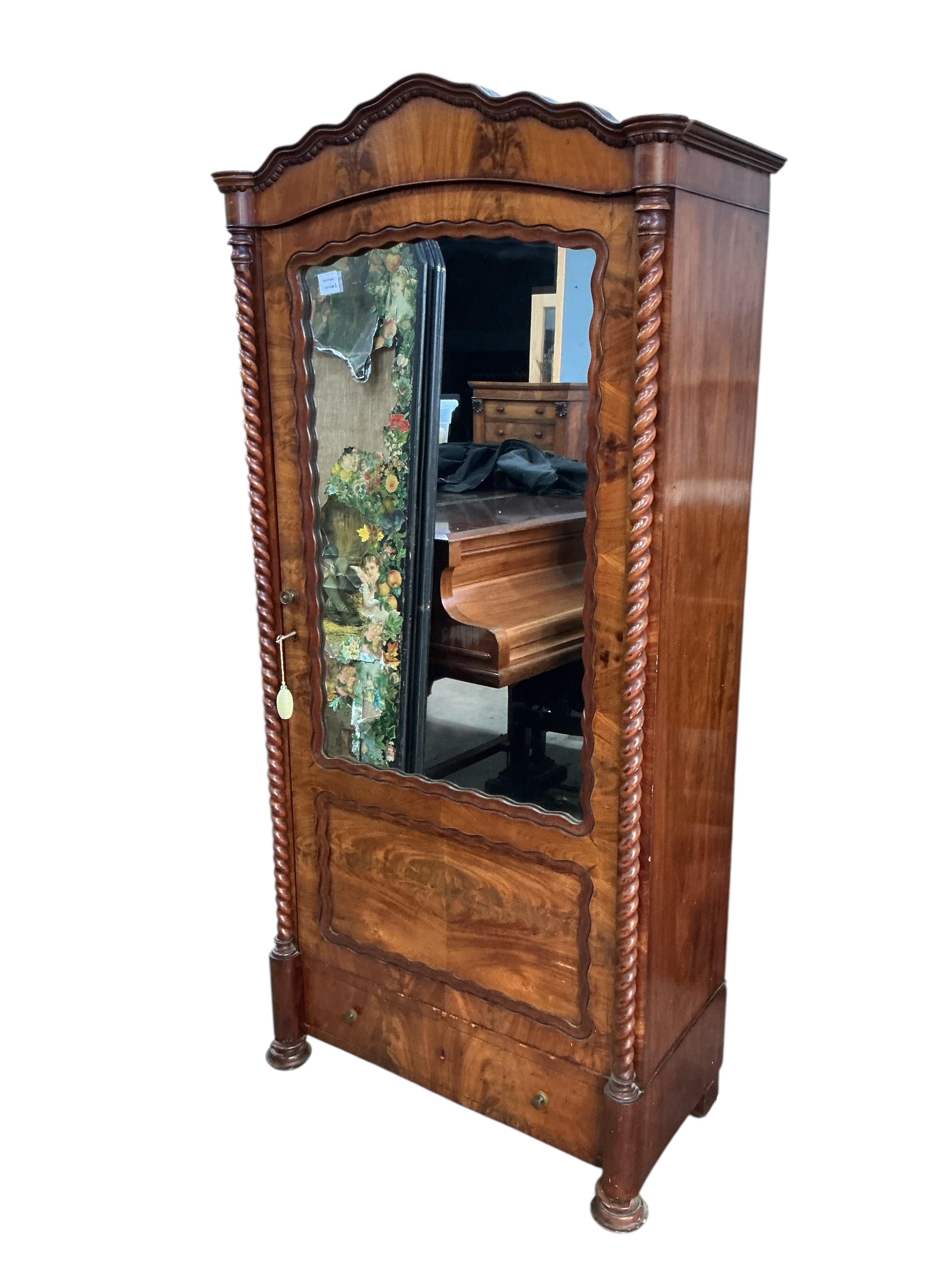 A small 19th century French figured mahogany mirrored armoire, width 80cm, depth 40cm, height 176cm